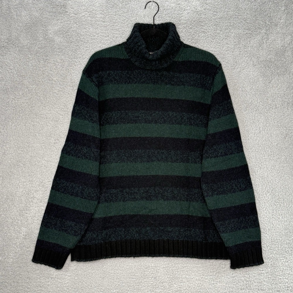 Vtg Eddie Bauer Sweater‎ Mens L Green Striped 100% Lambswool Knit Turtleneck